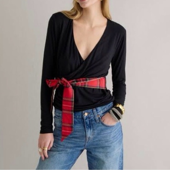 J. Crew Black Wrap Top with Red Plaid Waist Tie - Picture 10 of 10